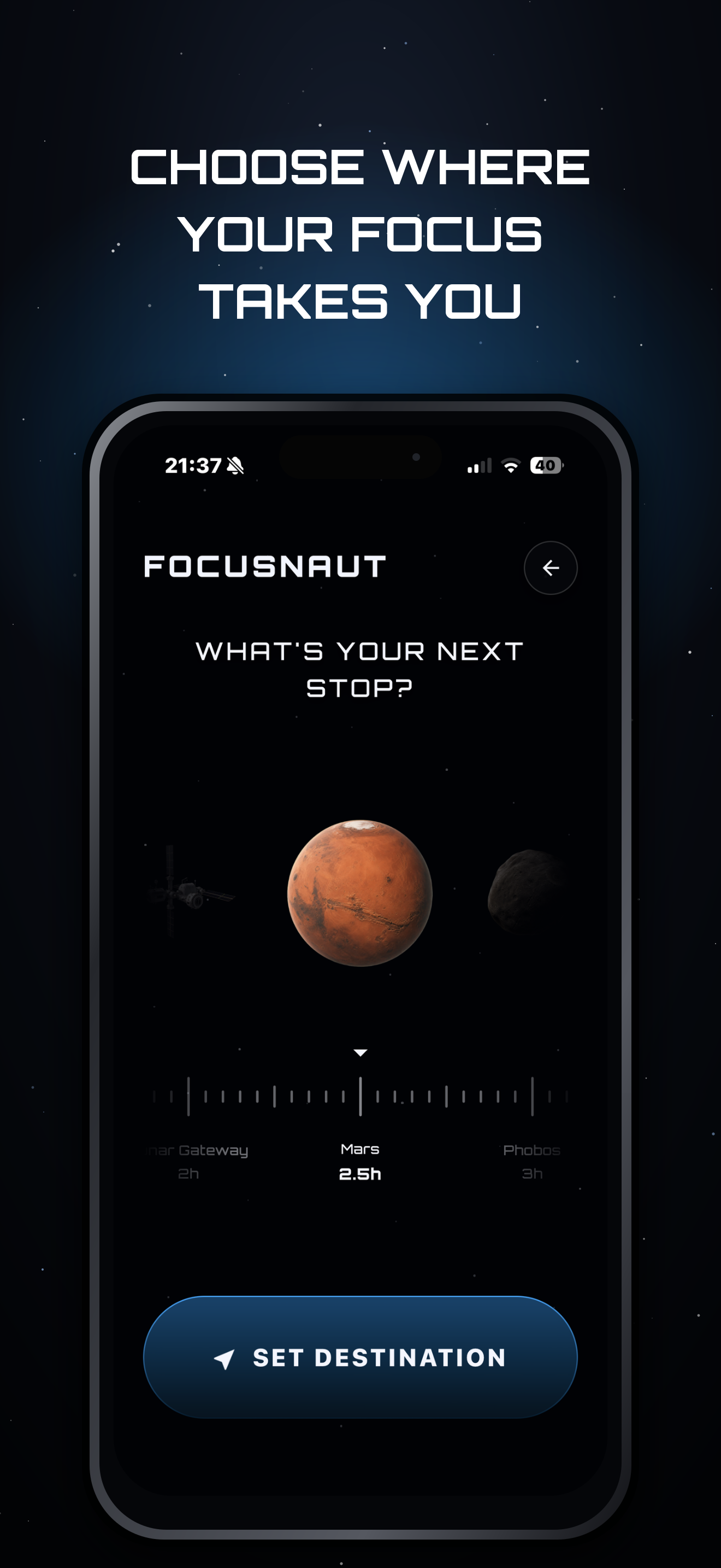 FOCUSNAUT destination picker with Mars selected as the next focus mission