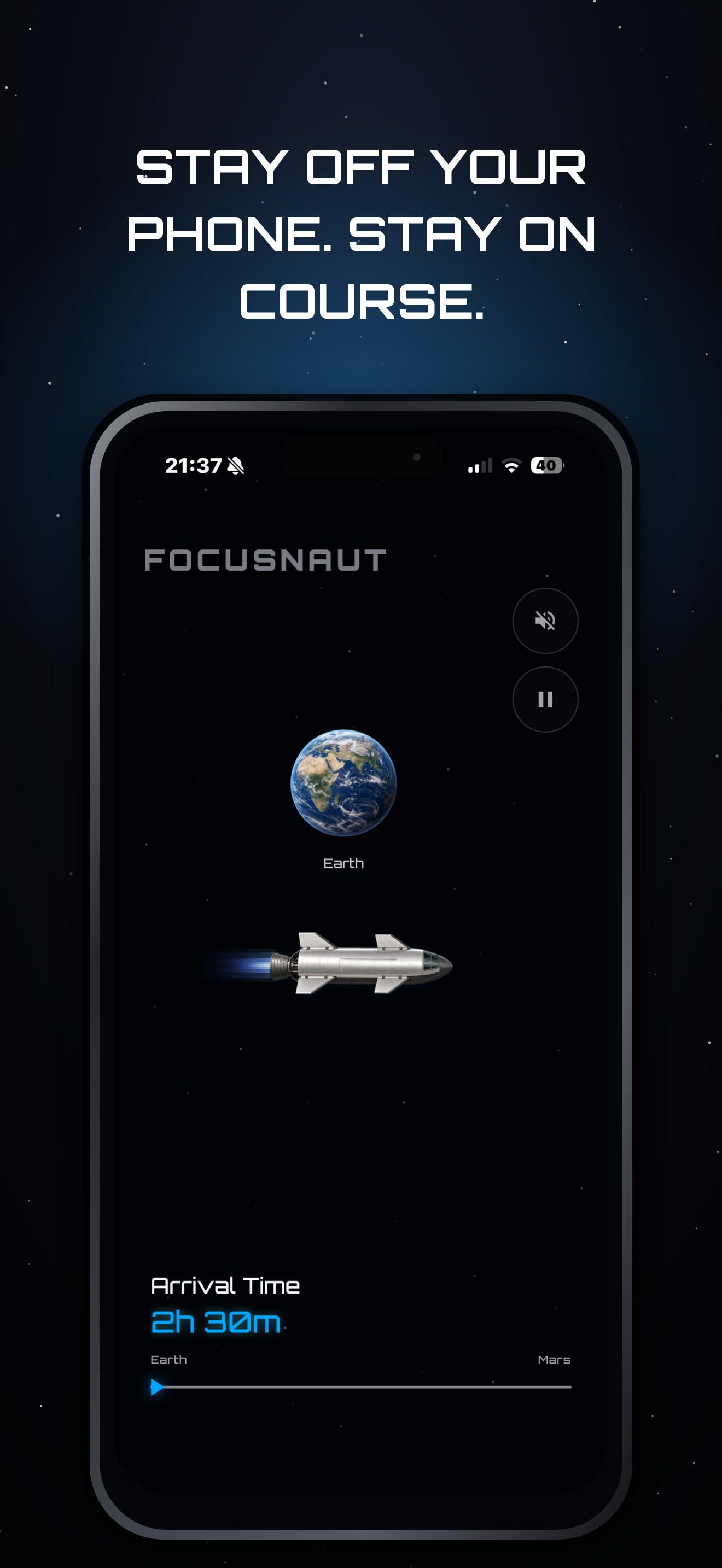 An active FOCUSNAUT session showing a spacecraft travelling from Earth to Mars